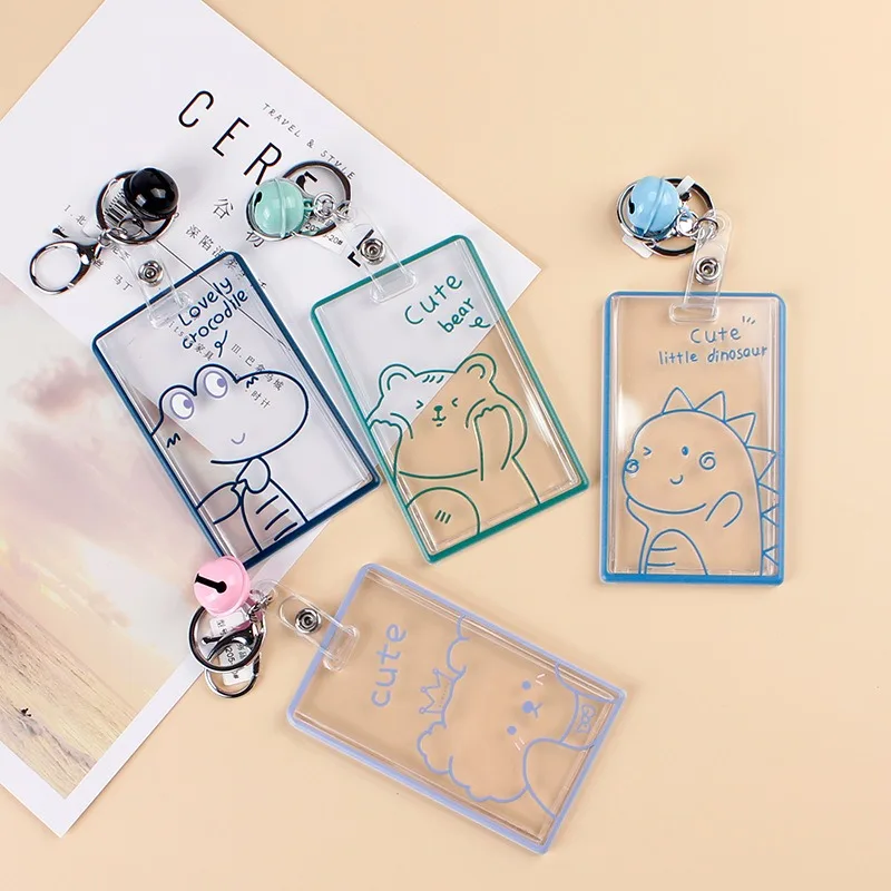 Transparent Cartoon Acrylic Card Case for Kids Student ID Card Case Bell Keyring Buckle Protection Sleeve