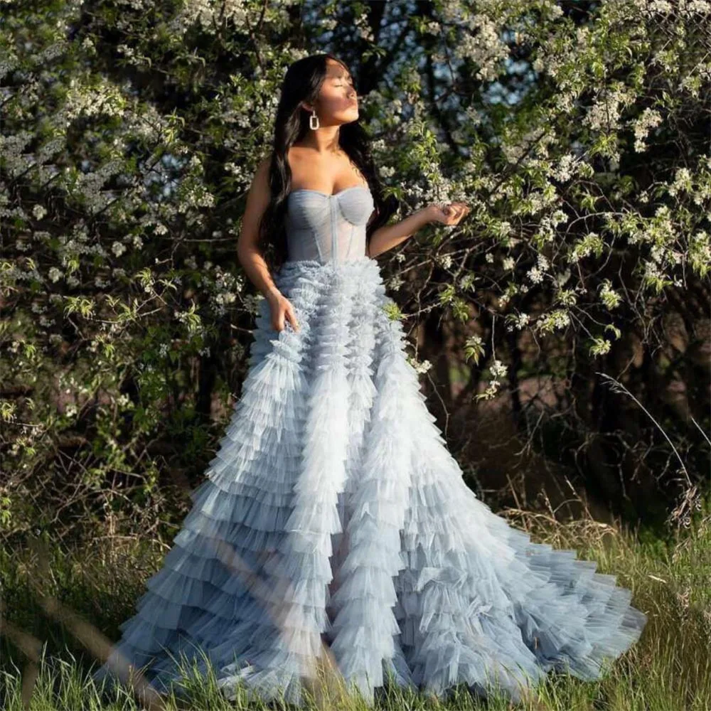 

Luxury Strapless Evening Dress Floor Length Sleeveless A-Line Tiered Organza Formal Custom Made Vestido Feminino Festa Luxo