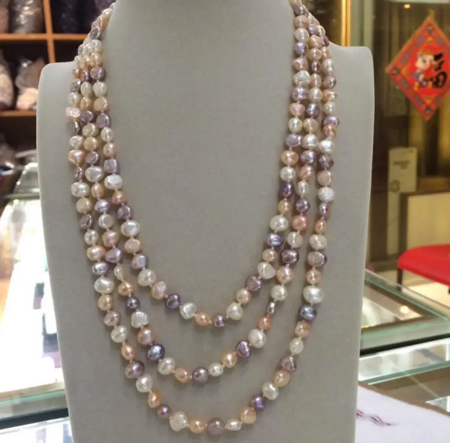 

white pink purple genuine natural freshwater pearl necklace 7-8mm baroque 50'' Long sweater chain