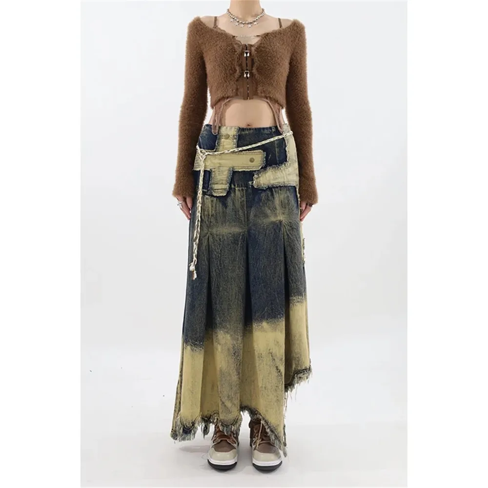 

Women Denim Skirt Y2k Emo 2000s Clothes Long Skirt Harajuku Korean 90s Fashion Vintage Gradient A-Line Jean Skirt Grunge Clothes