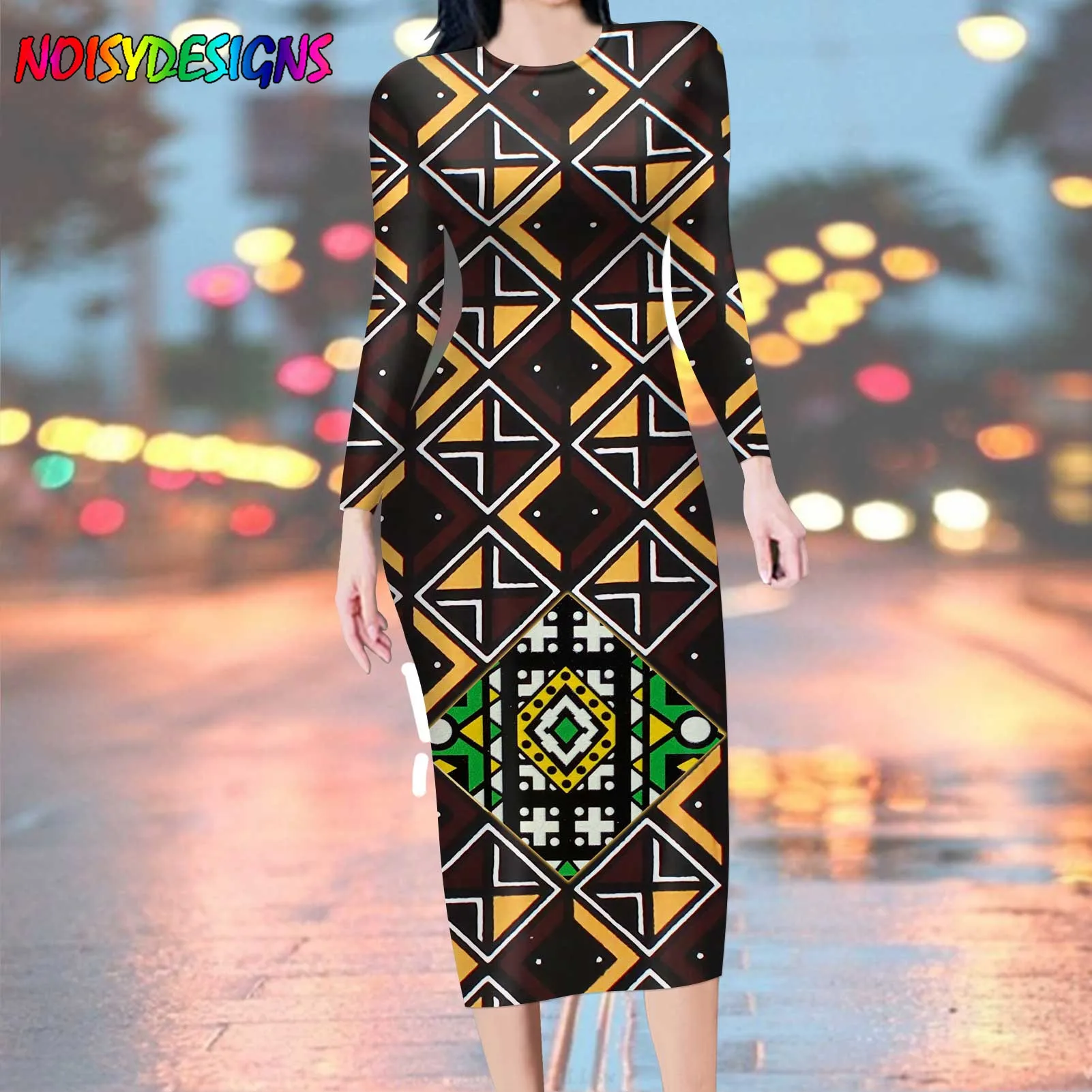 

NOISYDESIGNS African Tribal Designs Dress Fashion Long Sleeve Robe Spring Women Casual Party Dresses Ankara Prints Vestios
