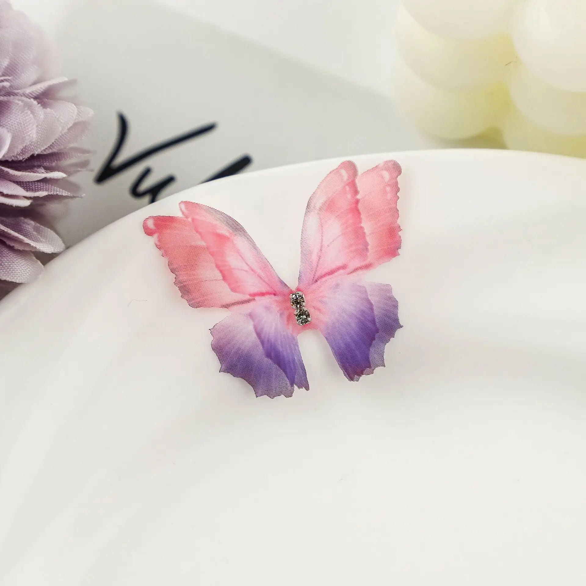 100Pcs 4.5Cm Tulle Butterfly With Rhinestone For DIY Making Clothing Party Festival Decor Handmade Craft Accessories
