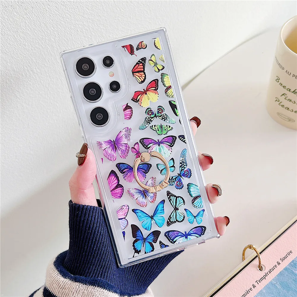 Coque de téléphone transparente en Silicone avec support papillon dégradé, étui pour Samsung S24 S23 Ultra S21FE S20 FE S23FE S22 Plus Note 20_voghion.com