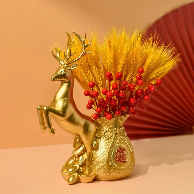 

New Chinese style Lucky Bag Deer Natural Gold Wheat Ear Decoration Damai Zhaocai Vase Decoration Relocation New Home Opening Dec