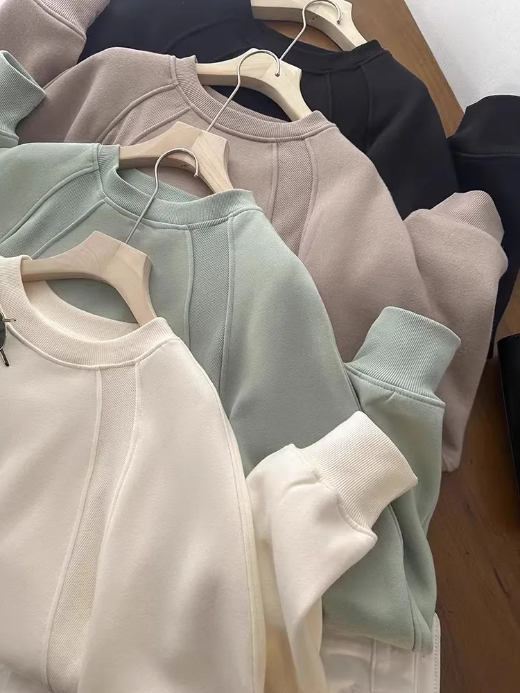 LU Home Faion round Ne Pullover Hoodie Women's Loose Fit Casual Velvet Spring 2025 Simple Outerwear Ele Aosphere