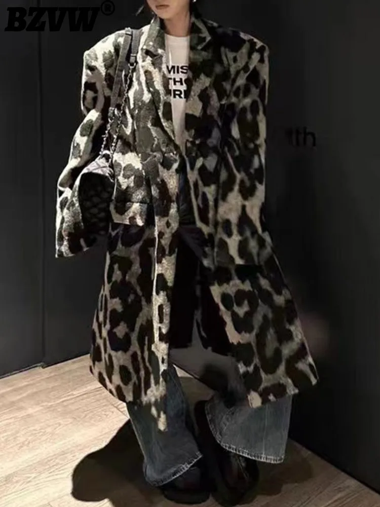 

BZVW Leopard Printed Woolen Long Coat For Women 2023 Winter New Temperament Thickened Shoulder Pads Fashion Loose Coat 25X3639