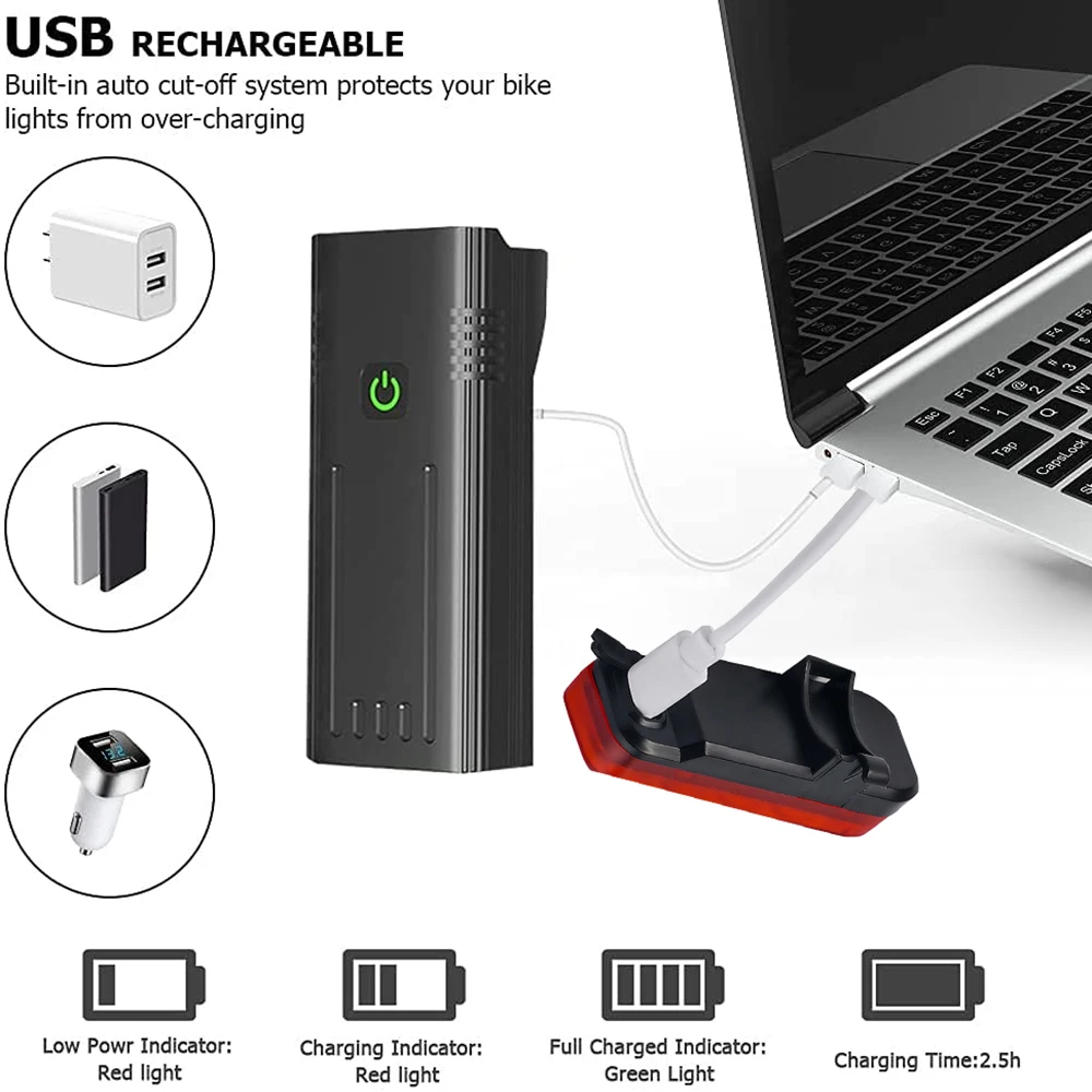 TRLIFE 8LED 자전거 라이트, USB 충전식 10000mAh 배터리, LED 자전거 헤드라이트, MTB IPX5 방수 손전등, 전면 램프