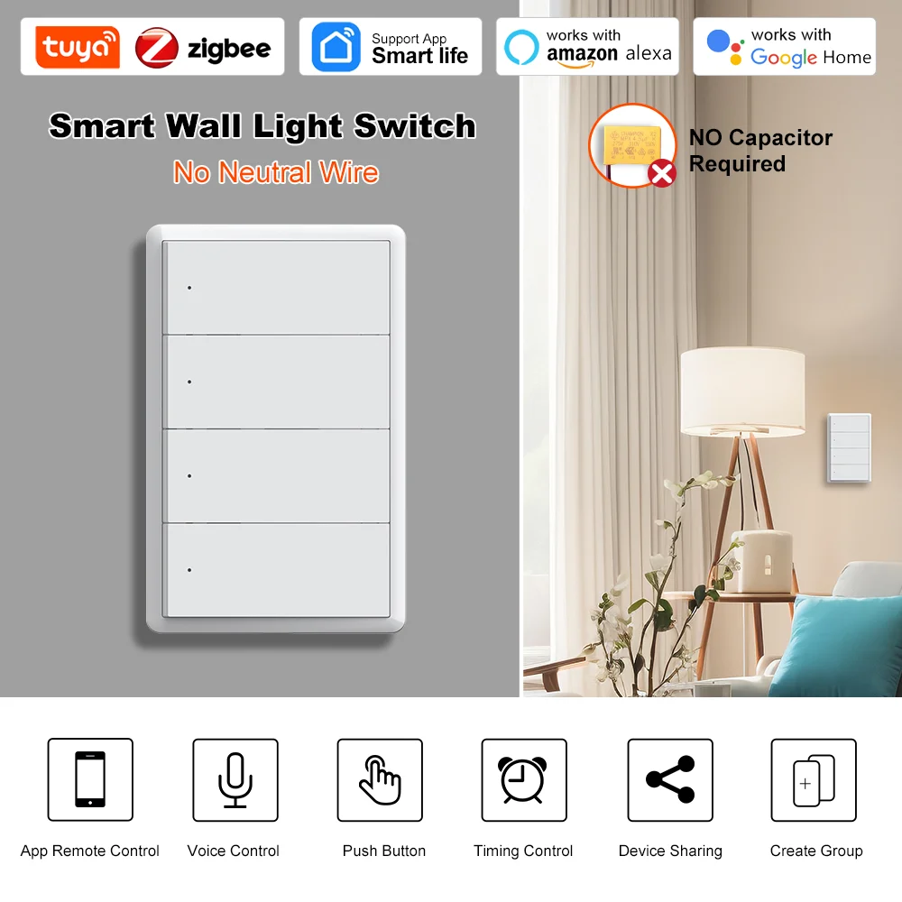 Tuya Zigbee3.0  US Smart Wall Switch Wall Push Button Physical Switch Smart Wireless Voice Remote Control With Google Home Alexa