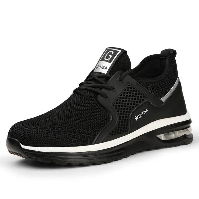 Men Work Safety Shoes Man Safeti Breathable Air Cushion Work Protective Sneakers Anti-Puncture Work Male Steel Toe Safety Boots 2096-black white