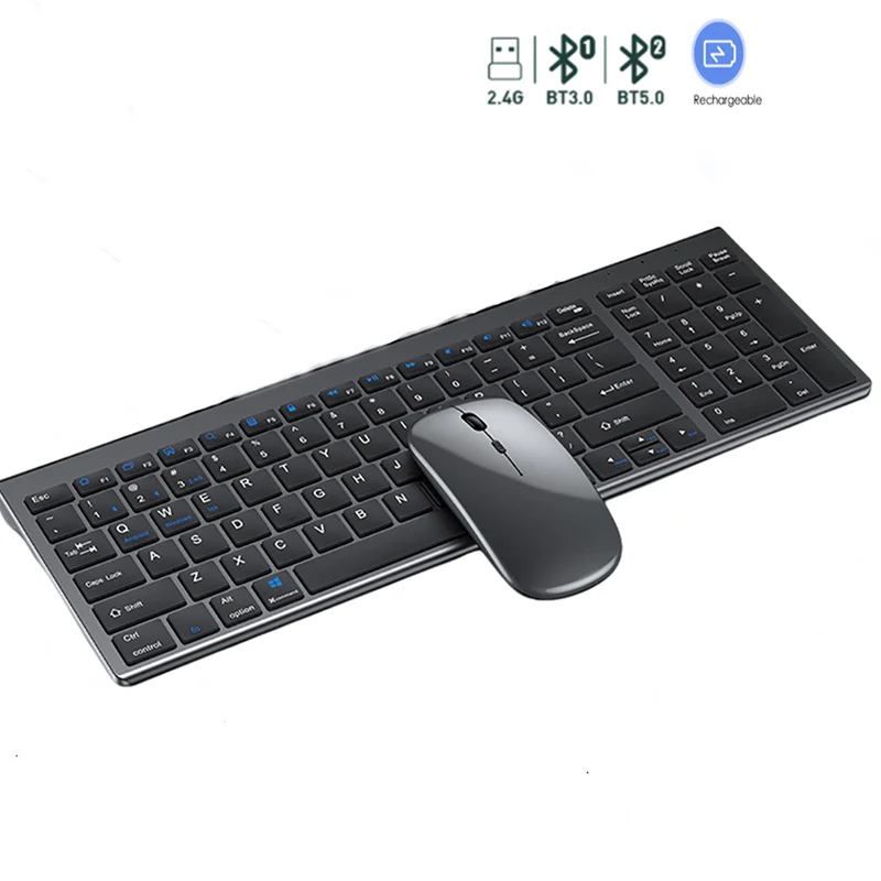 Conjunto Silencioso de Três Modos de Teclado e Mouse Recarregável Tamanho Normal Vários Dispositivos Bluetooth Laptop pc