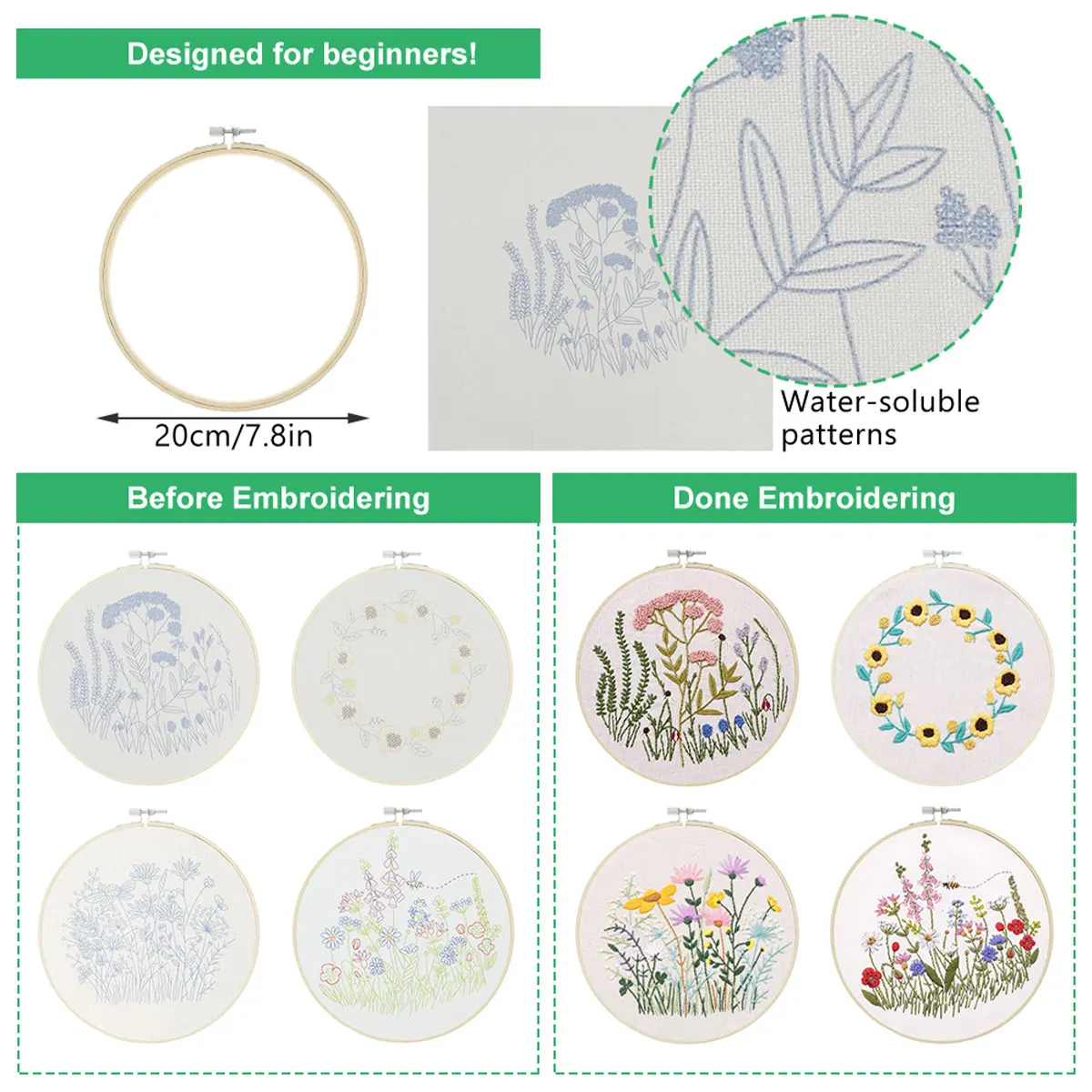 Embroidery Starter Kit Full Range with Embroidery Hoop and Pattern Instructions DIY Hand Cross Stitch Kit for Beginner Lovers