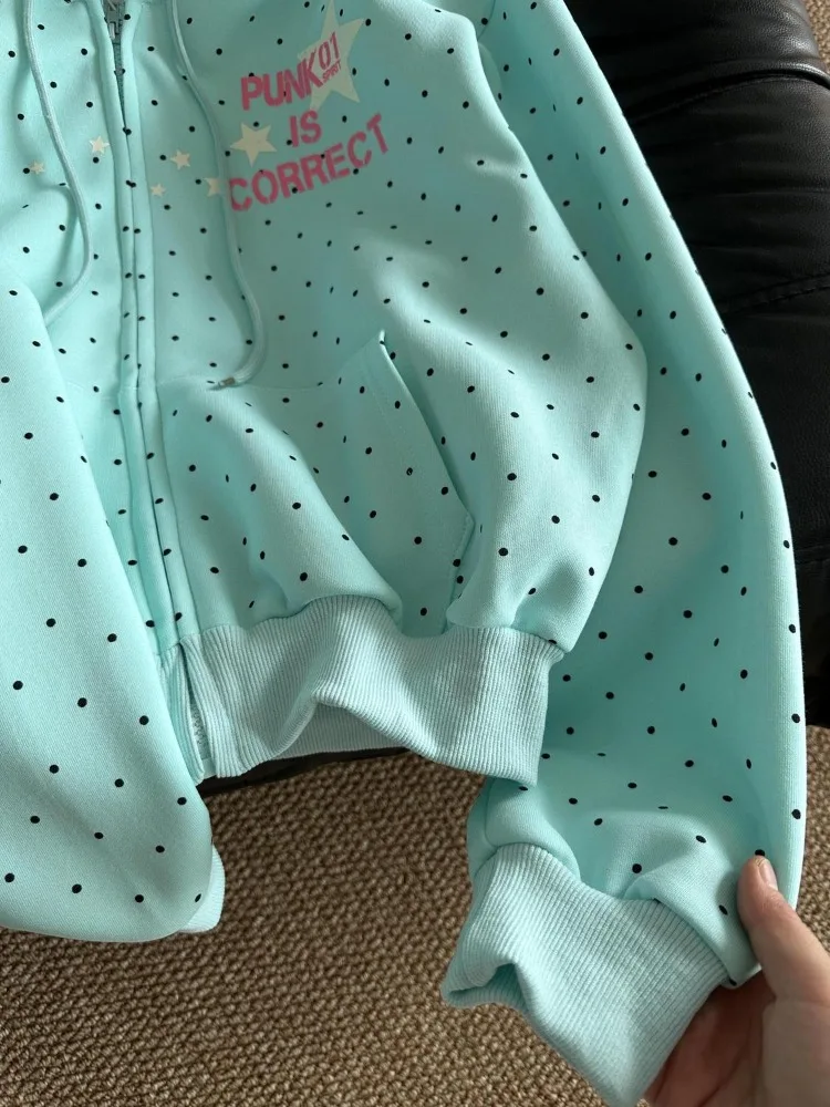 2000s American Vintage Polka Dot Sweatshirts New Spring Fashion Letter Print Hooded Women Y2k Sweet Loose Casual Jacket 2026 New