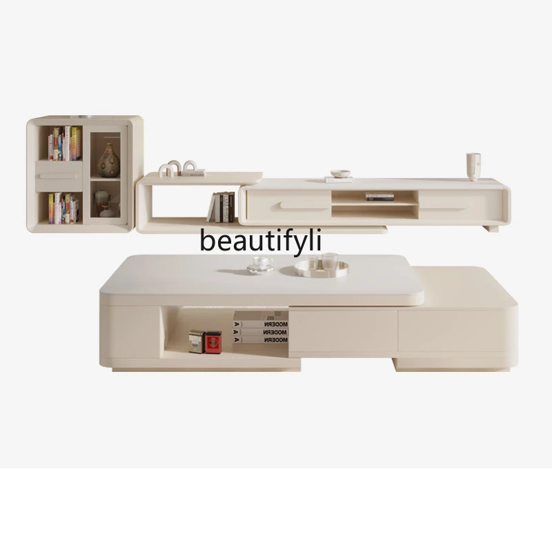 

Retractable Stone Plate Coffee Table TV Cabinet Combination New Cream Style Modern Minimalist Floor Cabinet