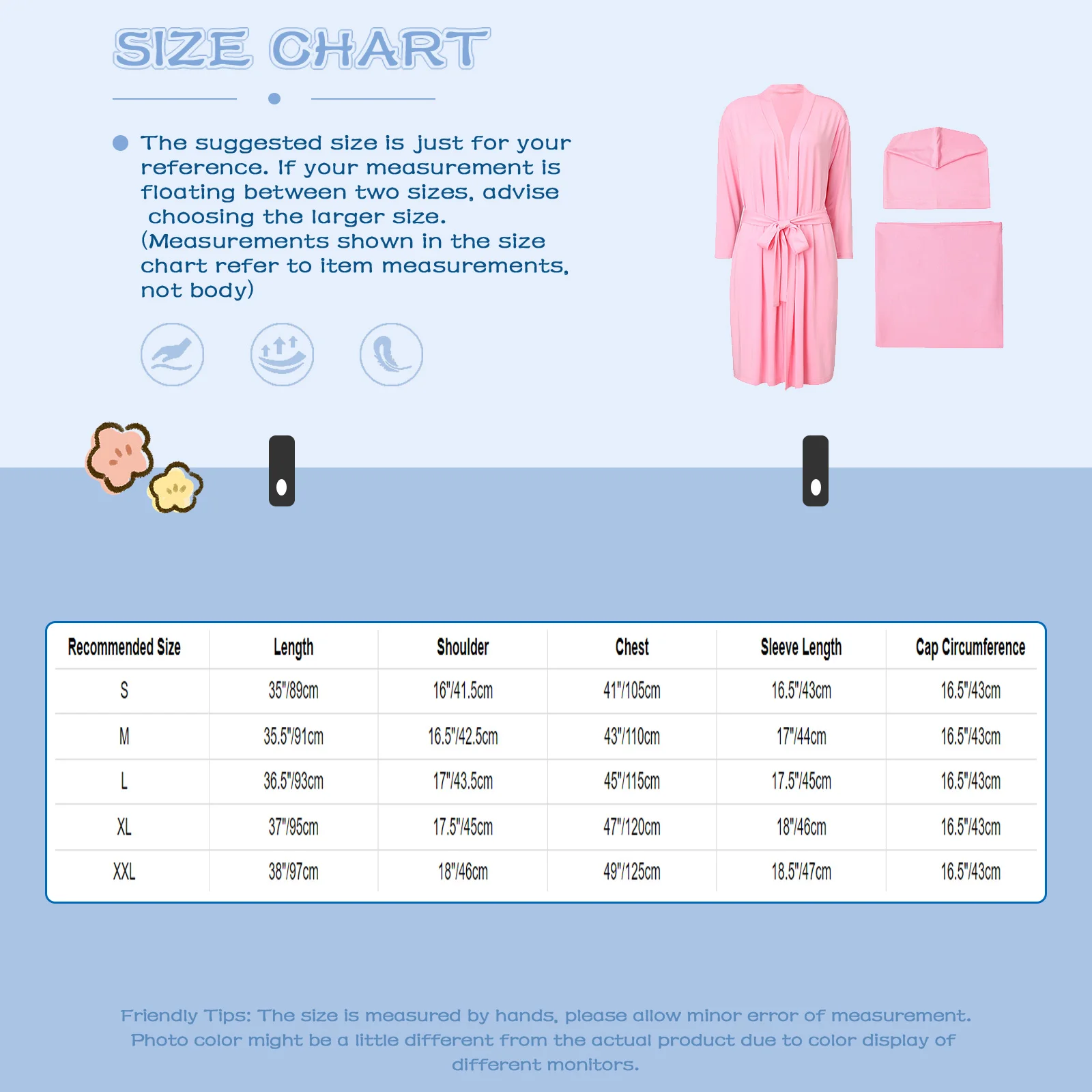 여성 임산부 3피스 병원복 출산 후 편안한 가운과 벨트,  속싸개,  모자, 단색 세트