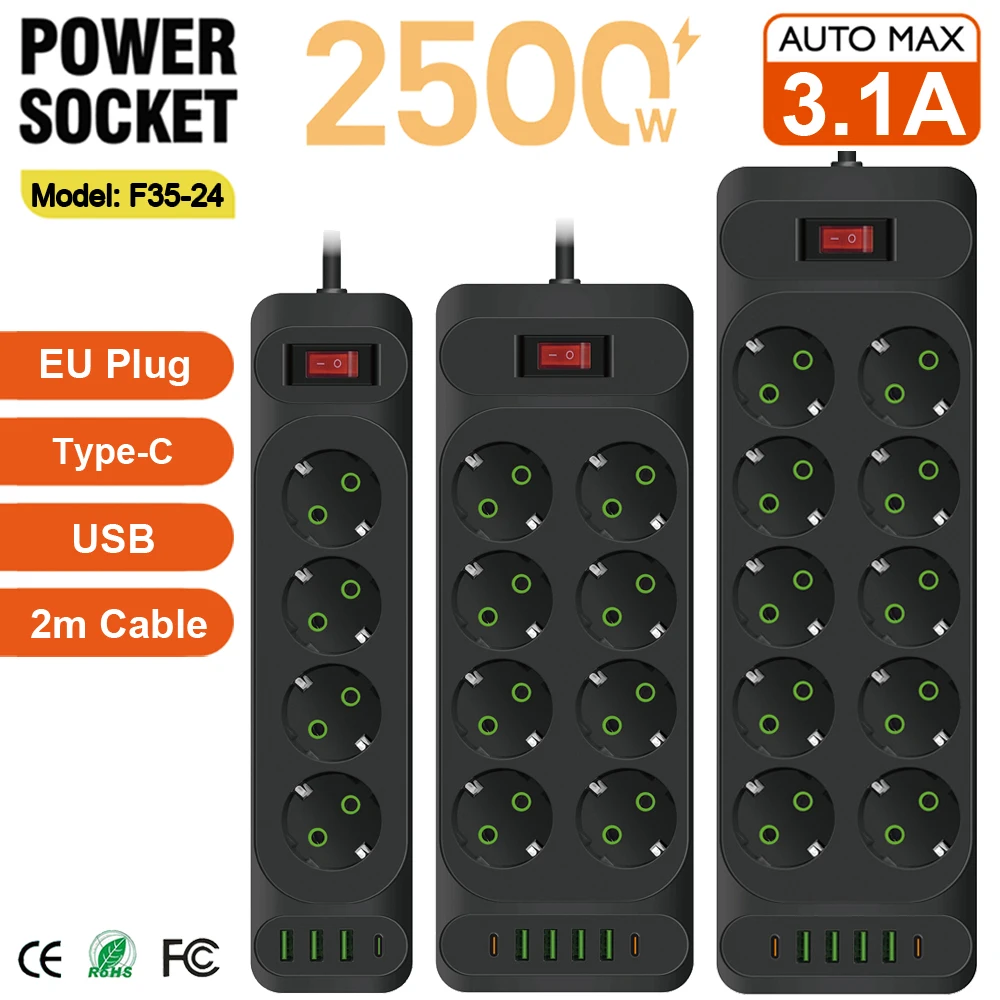 

EU Plug AC Outlet Power Strip Multiple Sockets With Extension Cable USB Type C Ports Fast Charge Charger Network Filter Adapter