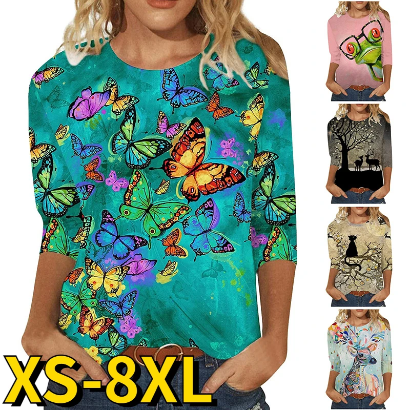 Winter Women's Butterfly Print Tops Tee Retro Round Long Sleeve Fall Everyday Street Casual Pullover T shirt Tee| - AliExpress