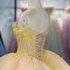 Light Yellow Quinceanera Dresses Ball Gown Flowers Gold Party Dresses Pearls Lace vestidos de fiesta Customized 1334 4