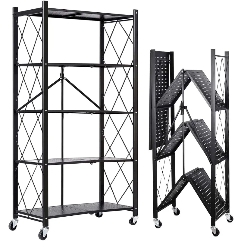 

Vebreda 5 Tier Storage Shelves Foldable Metal Shelving Units Storage Racks with Lockable Wheels, Black, Shelves