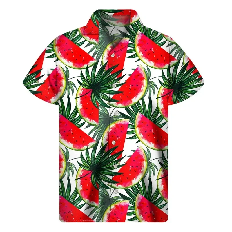 thumbnail image 1 of Camisa hawaiana con estampado de sandía tropical para hombre, camisas hawaianas con estampado de frutas en 3D, blusas de verano con botones y solapa de manga corta, 1 of 5