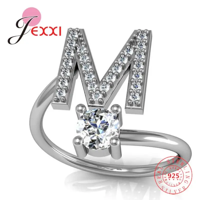 Hot Sale Genuine 925 Sterling Silver Ring Creative A To Z Initial 26 Letters CZ Crystal Paved Setting Name Jewelry for Women Men