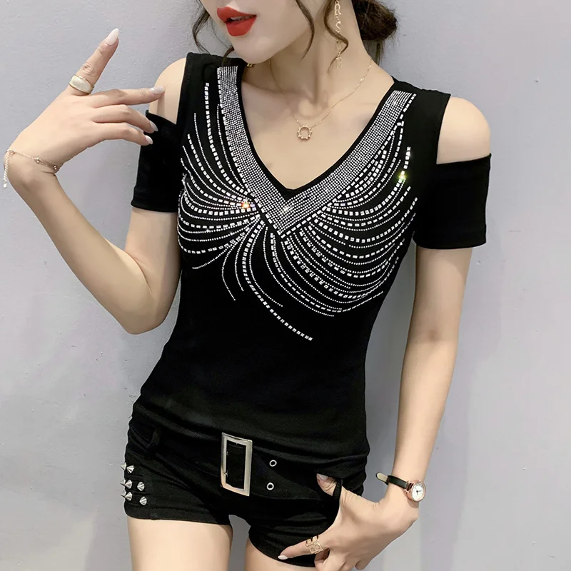 

#7153 Black Off The Shoulder Tops For Women Spliced Mesh Sexy Womens Tshirt With Diamonds V-neck Summer Tops Basic T-shirt Femme