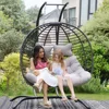 2 Person Double Egg Chair Outdoor Patio Wicker Loveseat Hanging Chair Swing Egg Chairs with Beige Cushions Double Seats 1