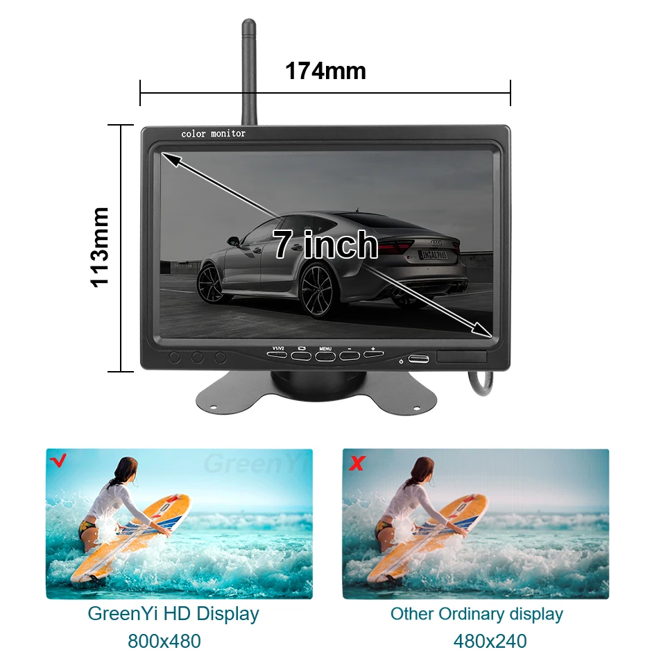 GreenYi Wireless 7 inch Car Monitor Screen Rear View Camera For Truck Bus RV Trailer Excavator Rearview Image 12V-24V Display rear view mirror reverse camera