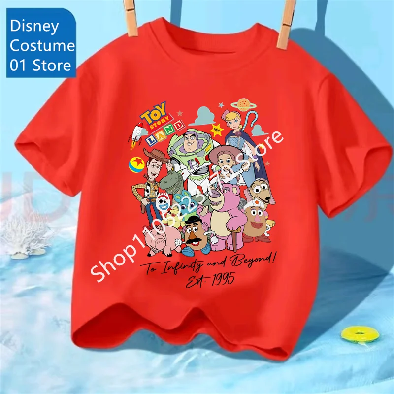 핫 디즈니 2026 베이비 남아 및 여아 반팔 티셔츠 토이 스토리 우디와 버즈 라이트이어 프린트 크루넥