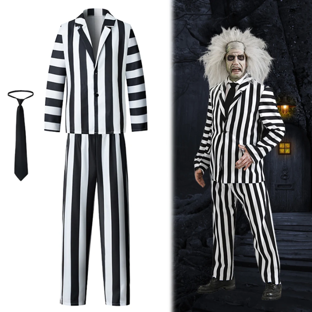 Spooky Halloween Performance Costumes Men Striped Suit with Tie Scary Halloween Infernal Master Cosplay Costume For Men Adult