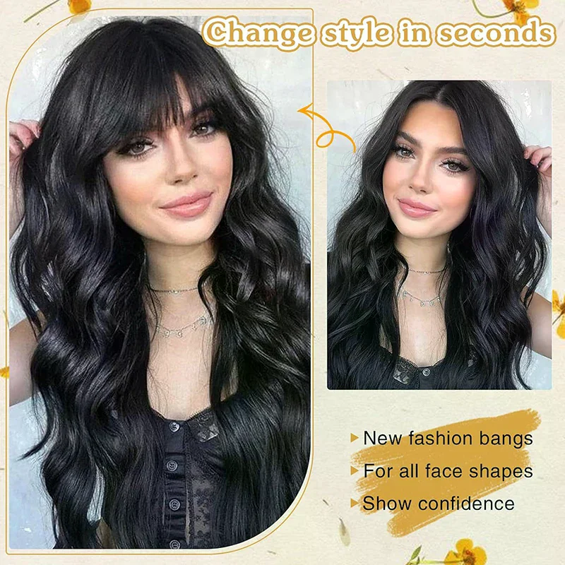 Frange Sintetiche Finte Effetto Naturale, Extension Capelli Frontali, Posticci Neri Marroni con Clip, Doppie Ciuffi Laterali per Acconciature - immagine 4