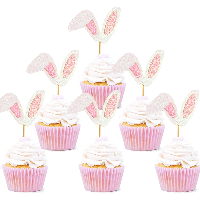 Cute Easter Bunny Ears Cupcake Toppers happy easter Rabbit cake Topper food Picks for Kids Birthday Easter Party Decorations