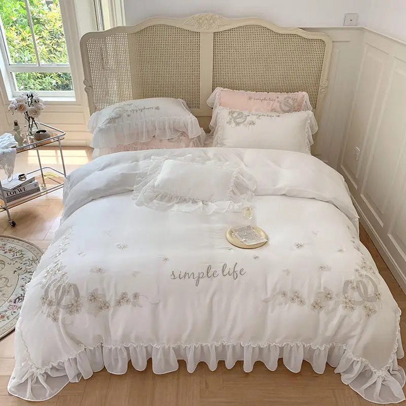 

White Lace Embroidery Bedding Set Luxury Korean Princess Wedding 100% Cotton Duvet Cover Bed Sheet Pillowcases Home Textile