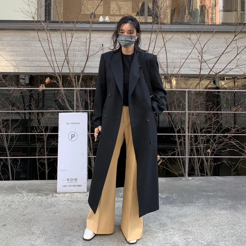 

Женская элегантная Высококачественная британская винтажная офисная деловая подплечник черная длинная ветровка костюм пальто на весну и осень 2023