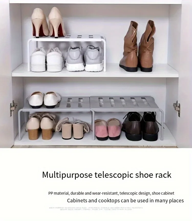 Verstellbares Schuhregal aus Kunststoff, mehrstufiger Aufbewahrungsorganizer, platzsparend für Sneaker, Hausschuhe, Zuhause, Wohnheim, Kleiderschrank, Weiß, Grau, Modern – Detail 2