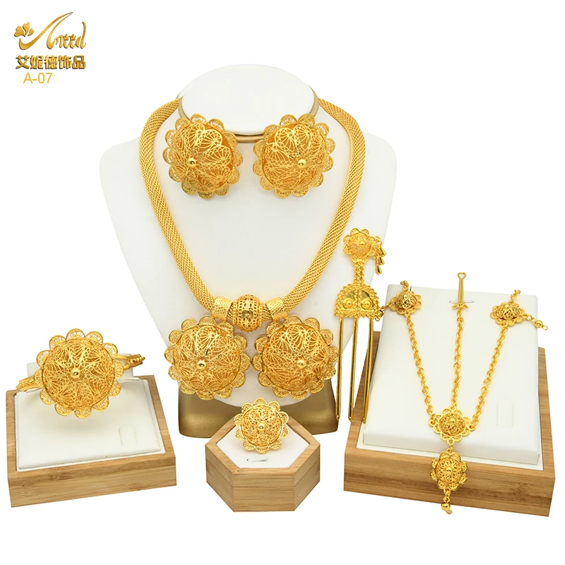 Bridal Jewelry Sets for ANIID Dubai Ethiopian Flower Shape Plated 6pcs for Women Nigerian Luxury Necklace Wedding Party Gifts