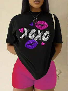Xoxo Pink Purple Lips Print Oversized Women’s T-Shirt - Summer Casual Cotton Tee for Street Wear 1