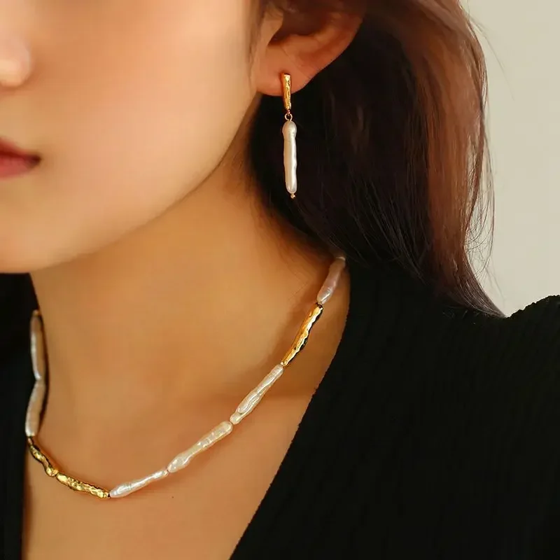 

Toothpick Baroque Pearl Collarbone Chain Earrings Bracelet Jewelry Set for Women Boucle D'oreille Korean Japan Style Fashion