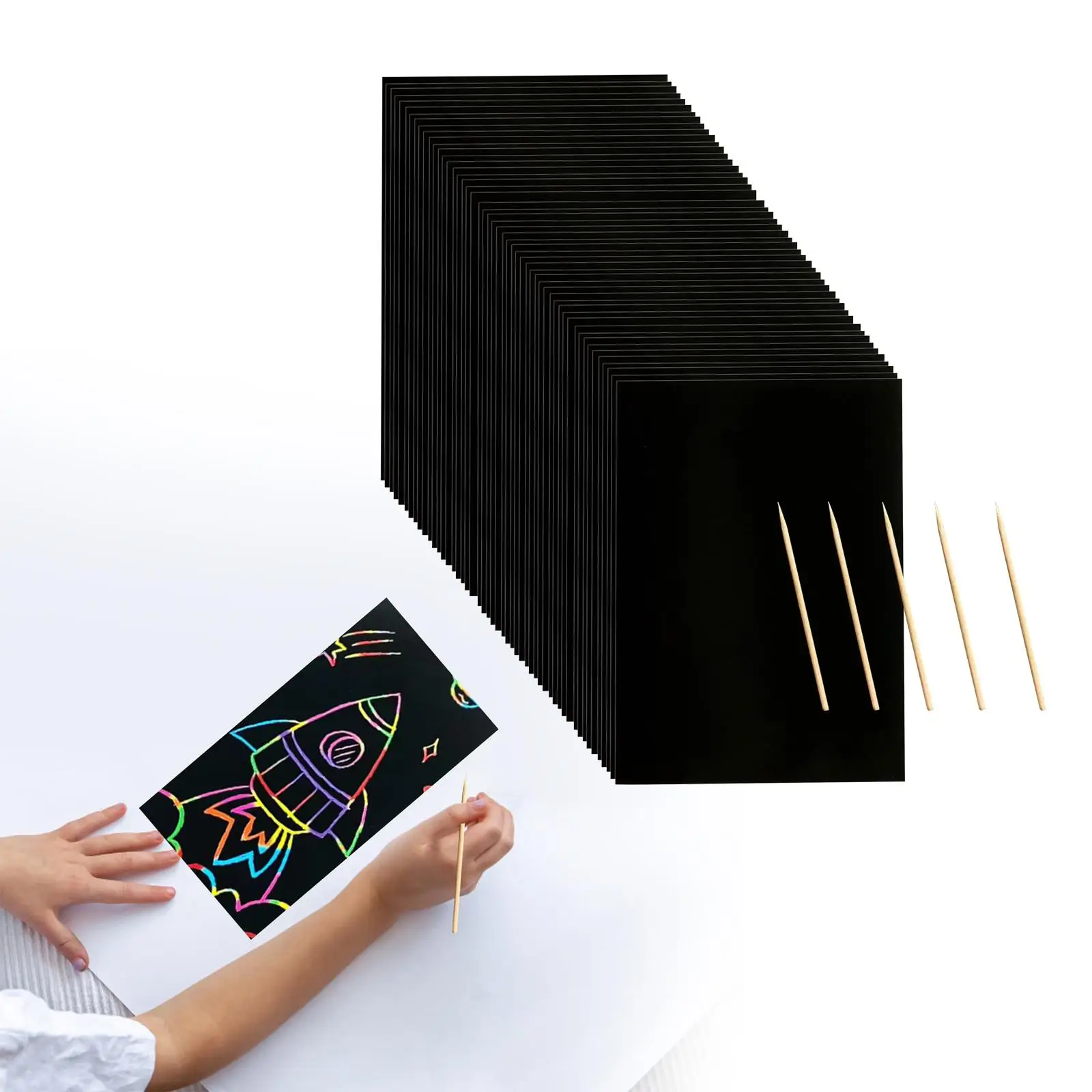 50 Pieces Scratch Paper Art Craft Creative Black Scratch Sheets with 5 Wooden Sticks for Birthday Easter Party Favor Supplies
