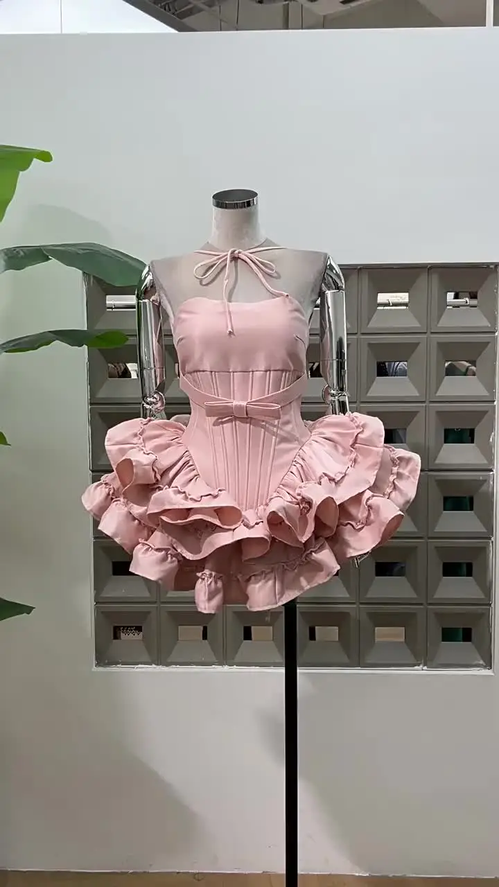 Women Pink White Lace-up Dress Two Piece Set Sexy Sleeveless Bow Ruffles A-line + Shorts Suits Evening Party Cocktail Sets