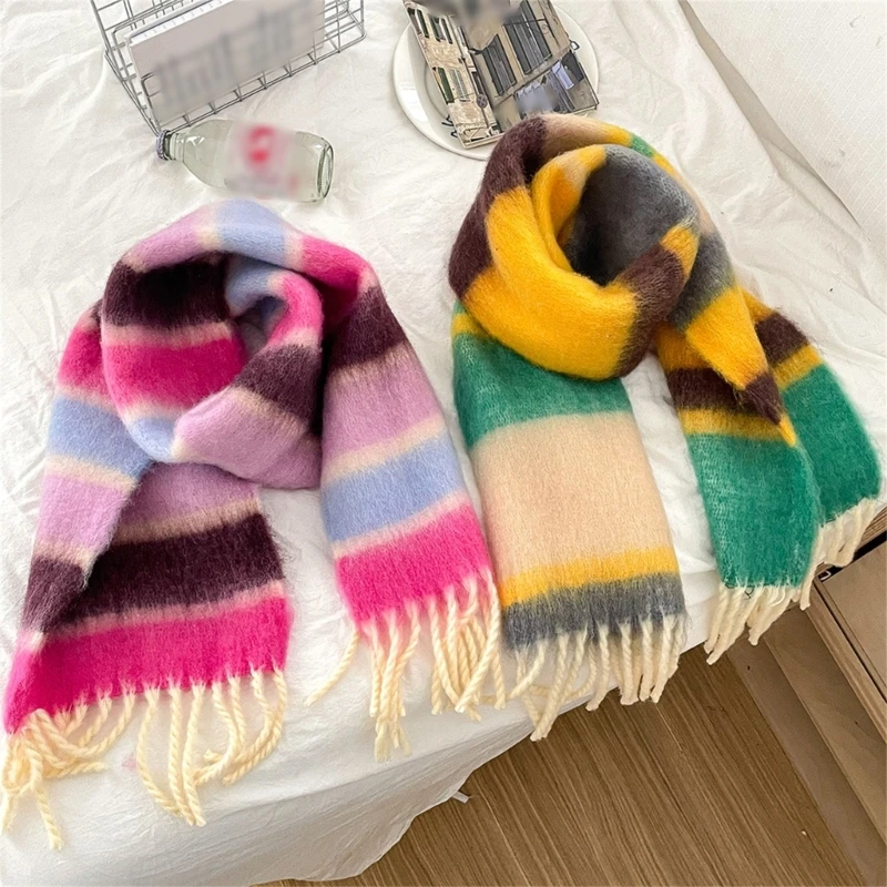 Autumn Winter Warm Colorful Striped Children's Scarf Korean Fashion Girls Boys Long Tassel Scarf for 3-12 Years Kids Neckerchief