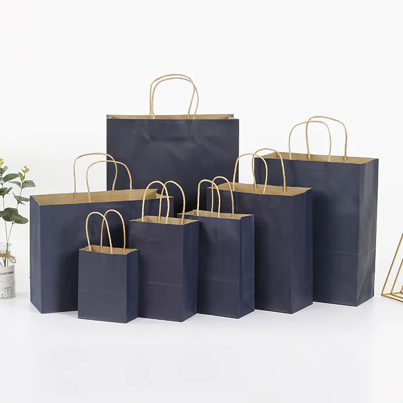 5 PCS/lot Gift Paper Bag with Handles Dark Color 21x15x8cm Festival Gift Bag Wedding Party Pure Dark Blue Craft Kraft Paper