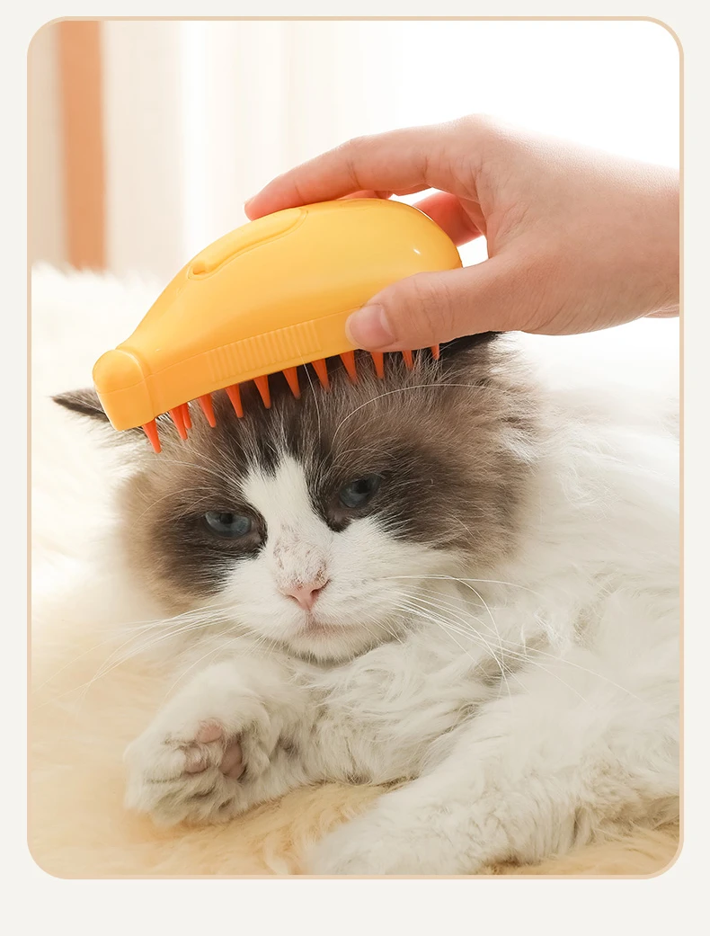 Detail of the pet steam brush showing soft, rounded bristles for safe grooming.