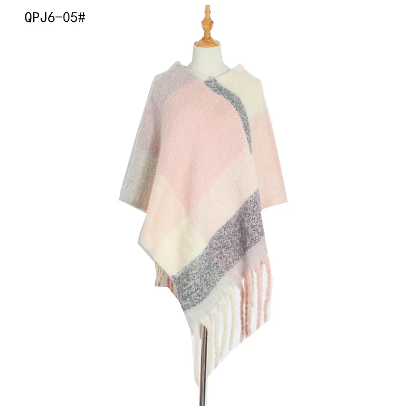 Europe  United States 2022 new Autumn Winter Women's Shawl Coarse Tassel Loop Yarn Large Lattice Warm Capes Lady Ponchos Pink