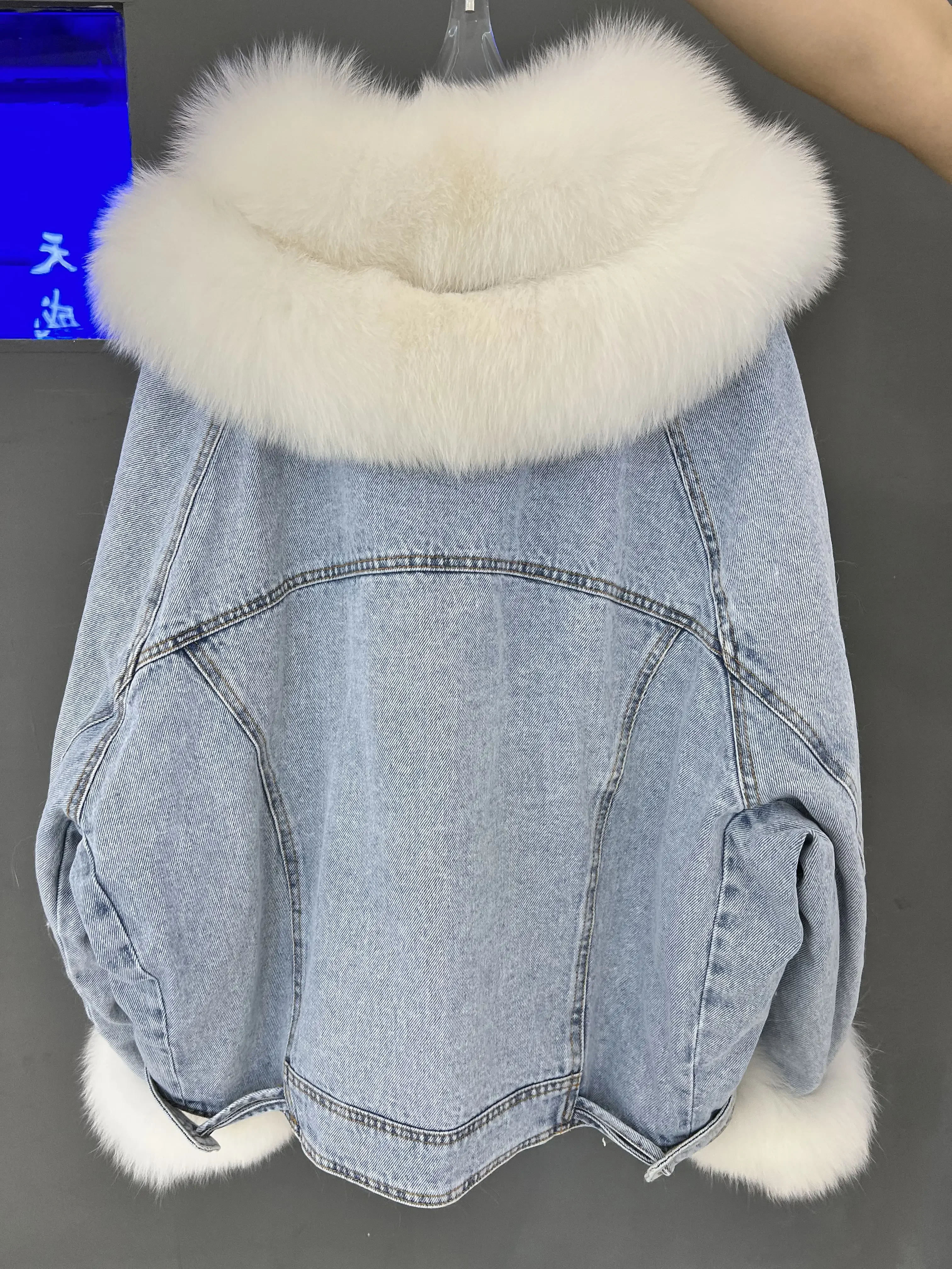 Real Big Fox Fur Collar Cowboy Coat Navy Light Luxury 2023 New Thick Warm Fluffy Fur Casual Knitted Goose Down Jacket for Women