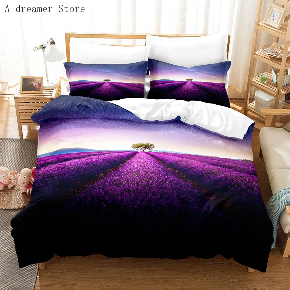 

3D Purple Lavender Bedding Sets Floral Pastoral Duvet Cover And Pillowcase Soft Polyester Bed Sets Gradient for Woman Girl