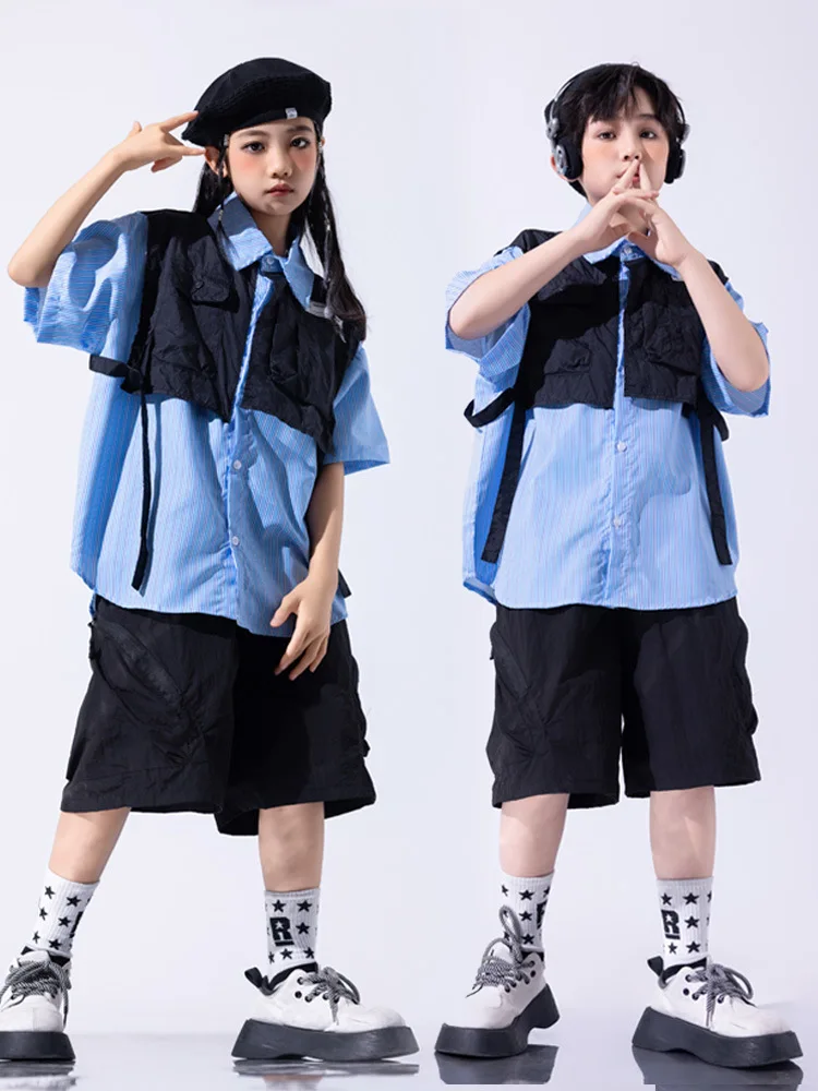 Boys Hip Hop Clothing Two-piece Top Black Short for Girls Kids Jazz Dance Costume Clothes Set