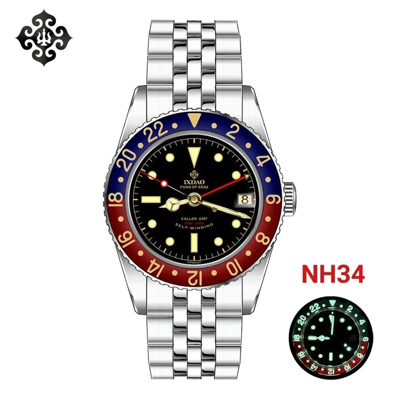 

IPOSE IX & DAO CALLR-GMT 37 мм часы 904L из нержавеющей стали с пузырьковым сапфировым стеклом C3 Lumious 10Bar Роскошные деловые мужские часы