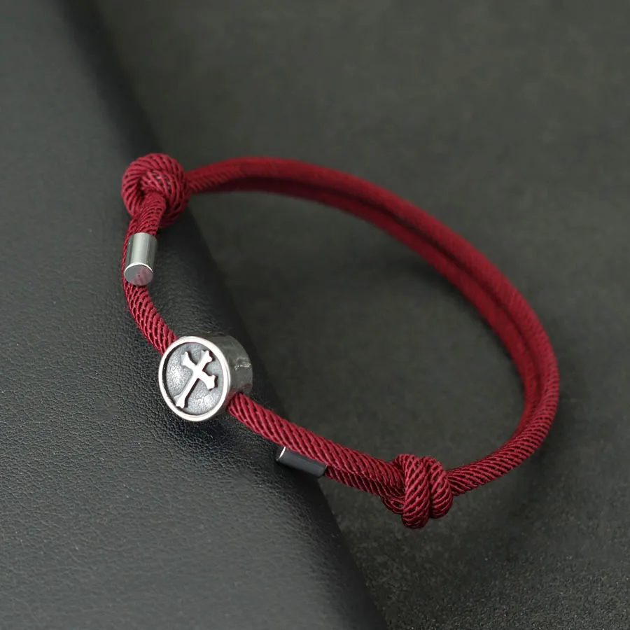 Stainless Steel Viking Cross Mens Bracelet Adjustable Rope