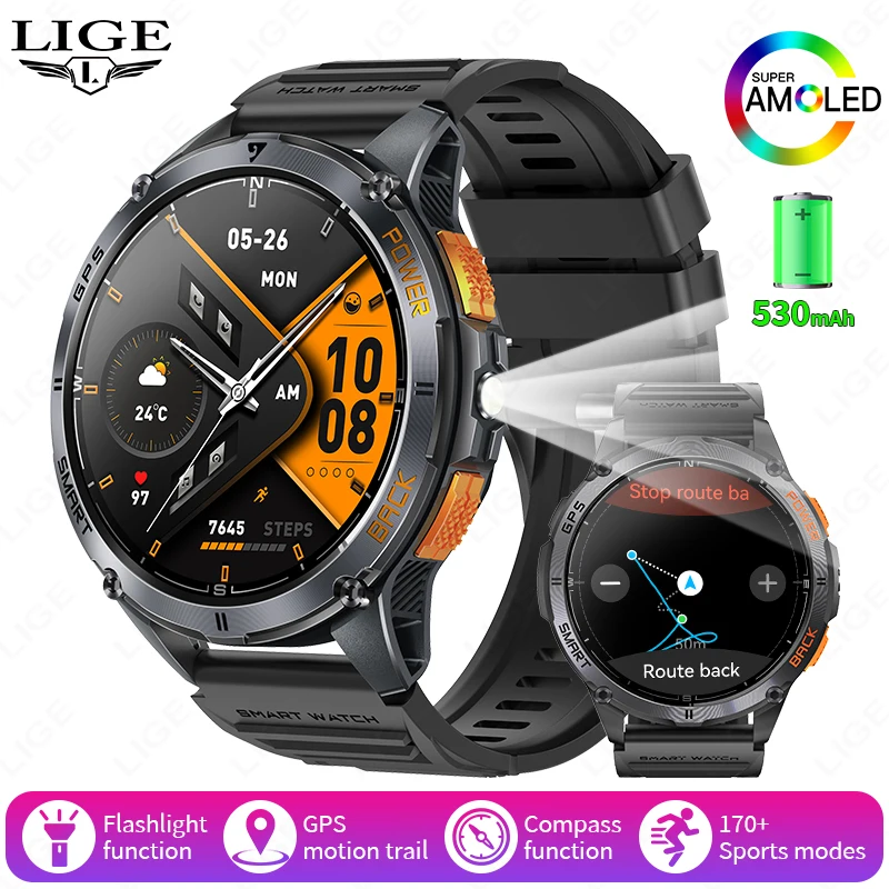 LIGE Smartwatch Uomo GPS Bussola - Schermo AMOLED 1.43" - 170 Sport - Impermeabile 10 ATM - Batteria 600 MAh - Nero - 6