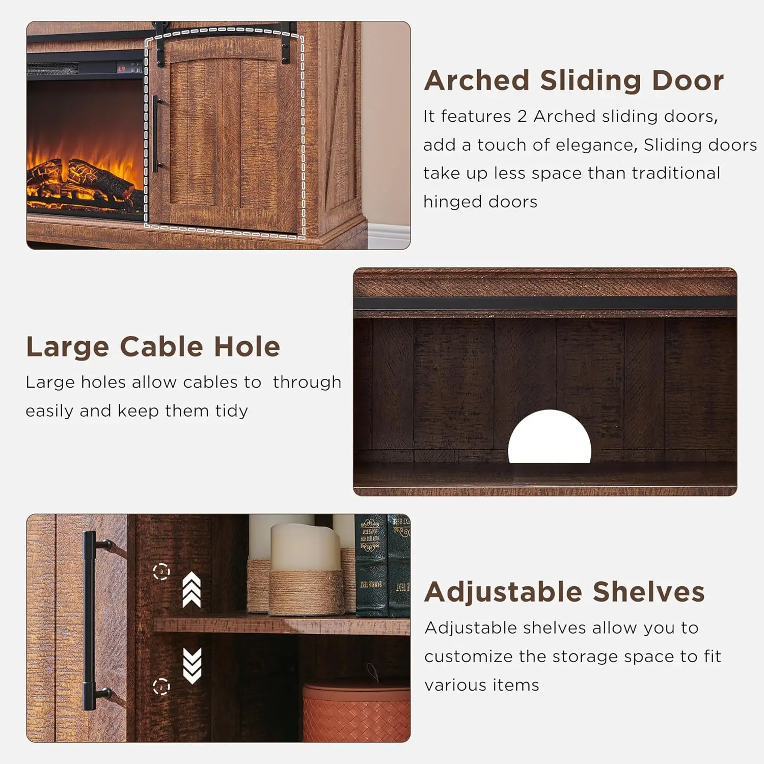 Farmhouse Fireplace TV Stand for 70 Inch TV, 34" Tall Highboy Entertainment Center with 23" Electric Fireplace, Rustic Media